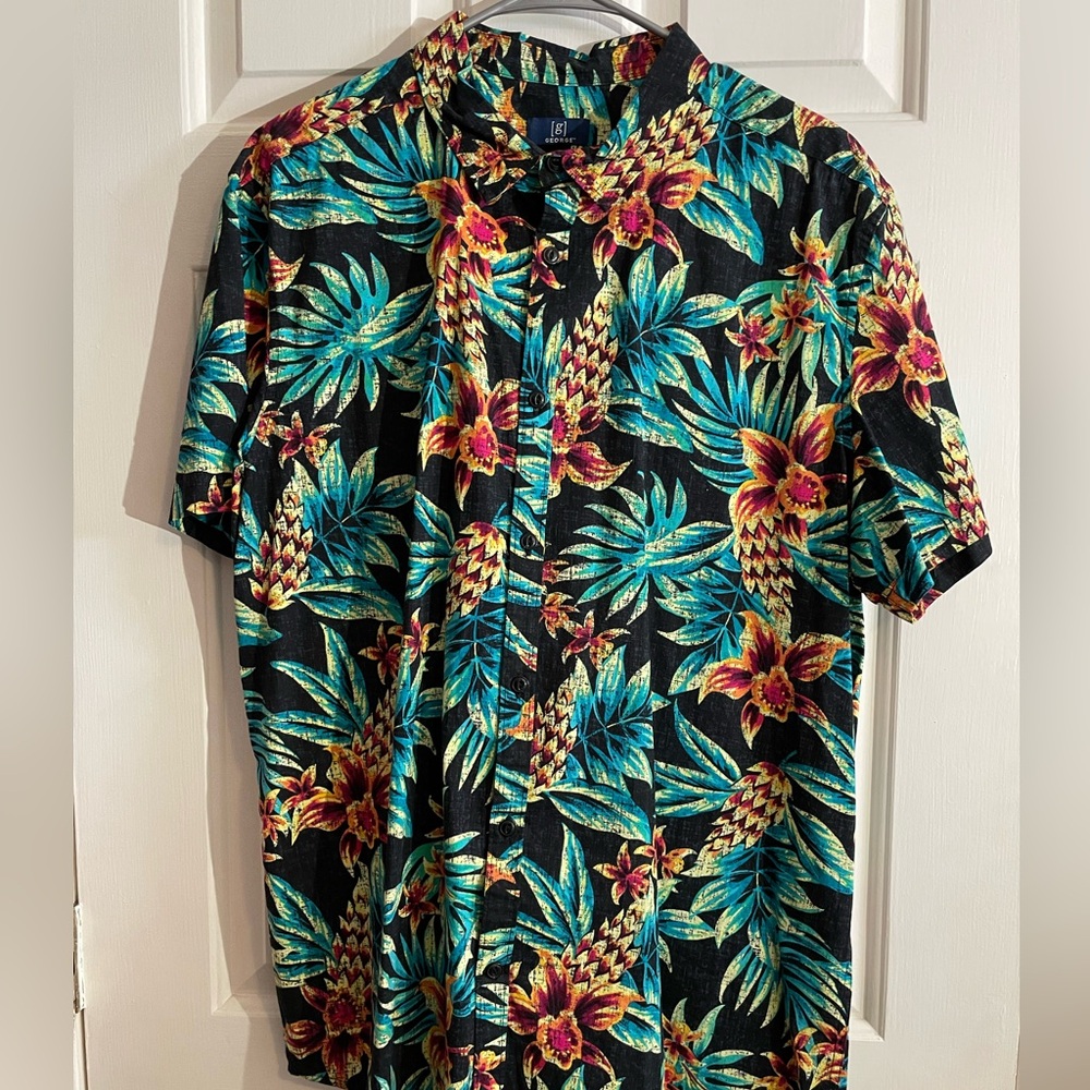 Men’s X Large (XL) 46-48 George Original turquoise/black floral Hawaiian shirt